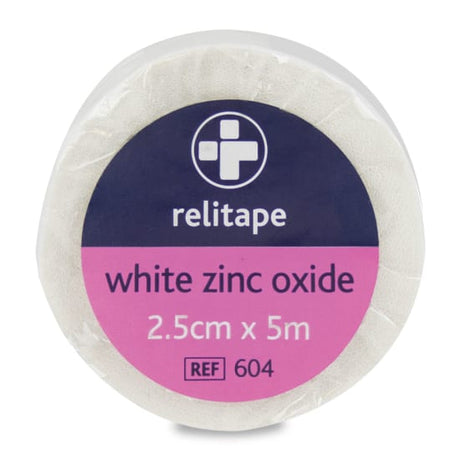 Relitape White Zinc Oxide tape roll, 2.5cm x 5m, offers strong support for joints and sprains, easy to tear by hand.