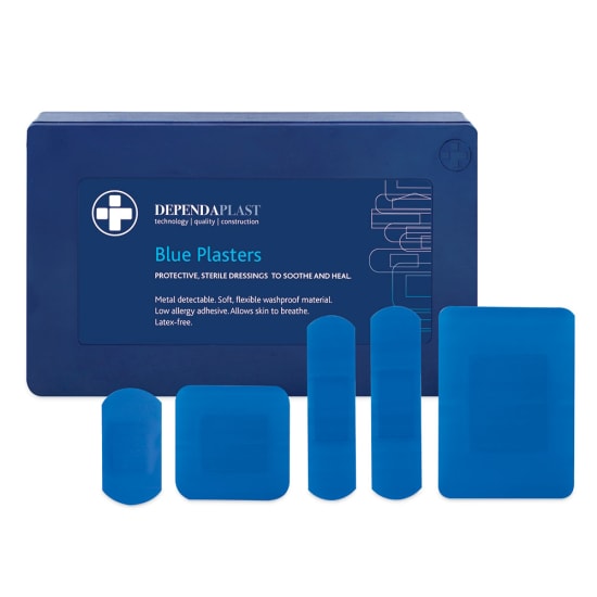 Assorted blue plasters in a dispenser, featuring 120 sterile bandages in five sizes for effective wound care.
