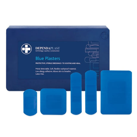 Assorted blue plasters in a dispenser, featuring 120 sterile bandages in five sizes for effective wound care.