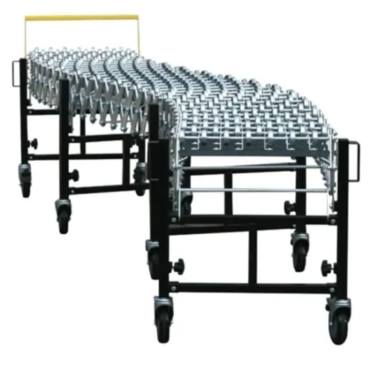 BlueAnt Flexi Skate Wheel Conveyor, 460mm wide x 4m long, designed for efficient loading/unloading with adjustable height and self-tracking features.
