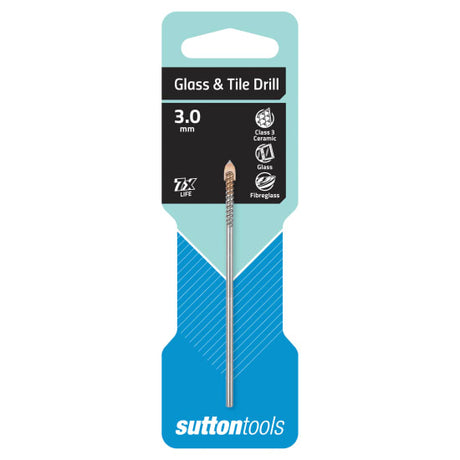 Sutton Glass & Tile Drill 3.0mm designed for precise drilling in glass, tiles, and more, featuring a durable carbide tip and unique design.