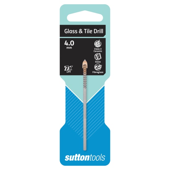 Sutton Glass & Tile Drill 4.0mm designed for precision drilling in tiles, glass, and bricks with a durable carbide tip.