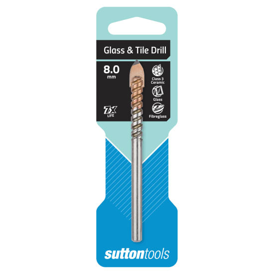 Alt text: Precision 8mm drill bit for glass and tiles, featuring diamond tip design, carbide tip, and spiral flute for efficient drilling.