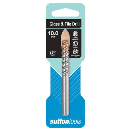 Sutton Glass & Tile Drill 10.0mm, designed for precise drilling in glass and tile, featuring advanced carbide tip and unique diamond spear point.