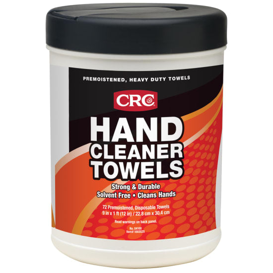 CRC Hand Cleaner Wipes in a carton with 72 heavy-duty sheets each, ideal for cleaning hands on-the-go with a citrus fragrance.