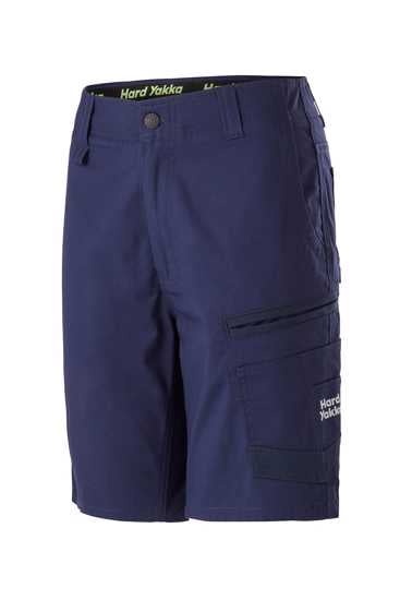 Hard Yakka Women's Raptor Mid Shorts in Navy, Size 6, featuring eco-friendly fabric, active fit, and enhanced durability for work.