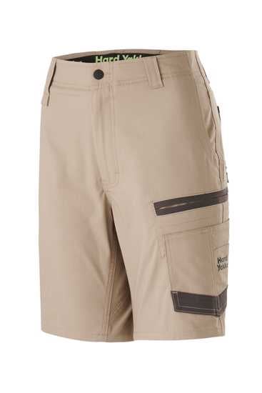 Hard Yakka Women's Raptor Mid Shorts in Desert, Size 12, featuring durable REPREVE fabric, active fit, and versatile pocket systems.