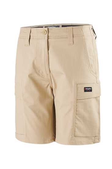 Khaki women's Workcool Pro shorts with comfort stretch waistband and 9 multifunctional pockets, size 14 by KingGee.