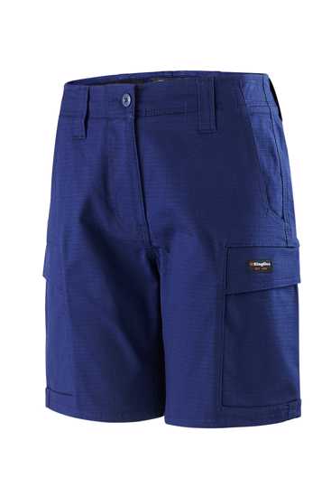 Navy women's Workcool Pro shorts by KingGee, size 12, featuring stretch fabric and 9 multifunctional pockets for comfort and utility.