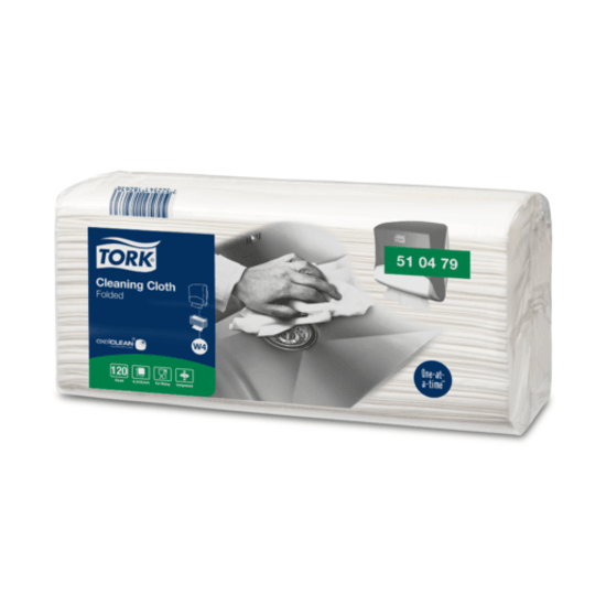 Tork Cleaning Cloth Folded White W4, eco-friendly, soft cloths in 4-case pack, perfect for efficient cleaning and less waste.