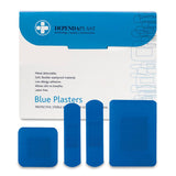 Blue Food Plastic Plasters in a box of 100, designed for food safety with visible color and detectable metal strip.