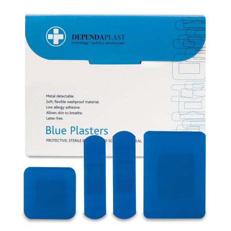Blue Food Plastic Plasters in a box of 100, designed for food safety with visible color and detectable metal strip.