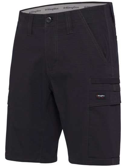 Black KingGee Ripstop Workcool Pro Shorts, size 72, featuring a comfort stretch waistband and nine multifunctional pockets.