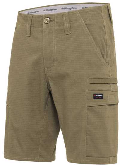 KingGee Ripstop Workcool Pro Shorts in khaki, size 82, featuring comfort waistband, durable fabric, and 9 multifunctional pockets.