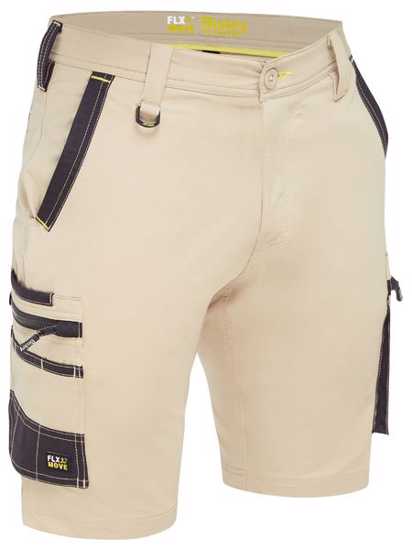 Bisley FLX & MOVE 4-Way Stretch Zip Cargo Short in Stone, Size 77, featuring durable fabric, multi-functional pockets, and a curved waistband.