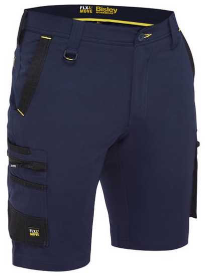 Navy cargo shorts with 4-way stretch, durable Cordura, multi-functional pockets, and a curved waistband for comfort.