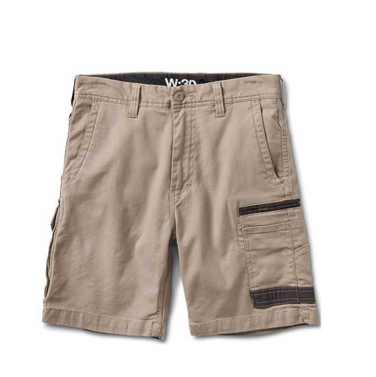 Khaki FXD Cotton Stretch Work Short, Size 28, featuring 360-degree stretch, reinforced pockets, and durable fabric for comfort and flexibility.