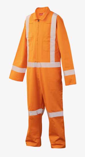 Hard Yakka Orange Cotton Zip X-Back Overalls, size 6, featuring durable fabric, reflective tape, and radio loops for work safety.