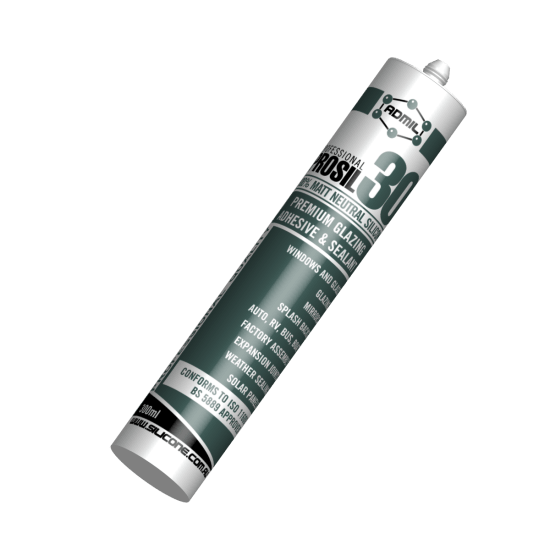 Admil PROSIL 30 silicone sealant in matt grey, ideal for glazing and sealing with superior adhesion and low VOC content.