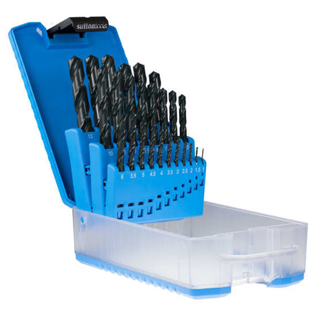 25-piece Sutton Jobber Drill Set in blue finish, designed for precision drilling in ferrous metals from 1.0mm to 13.0mm.