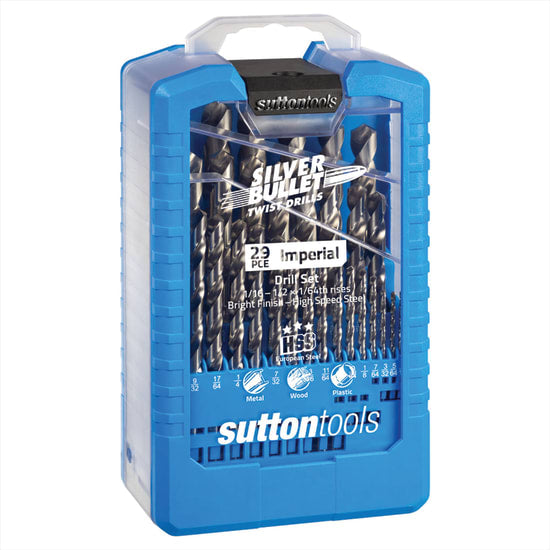 Sutton Drill Bit Set with 29 high-speed steel bits, ranging from 1/16 to 1/2 inches, designed for precise drilling in various materials.