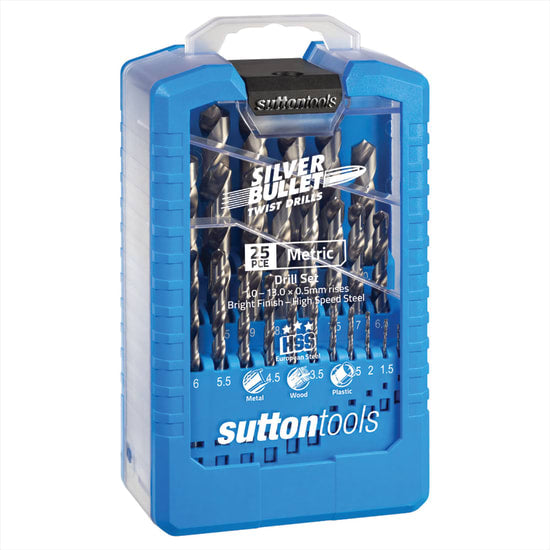 Sutton Drill Bit Set HSS Silver Bullet, 25-piece set, 1.0-13.0mm, crafted from M2 HSS for precision drilling in various materials.