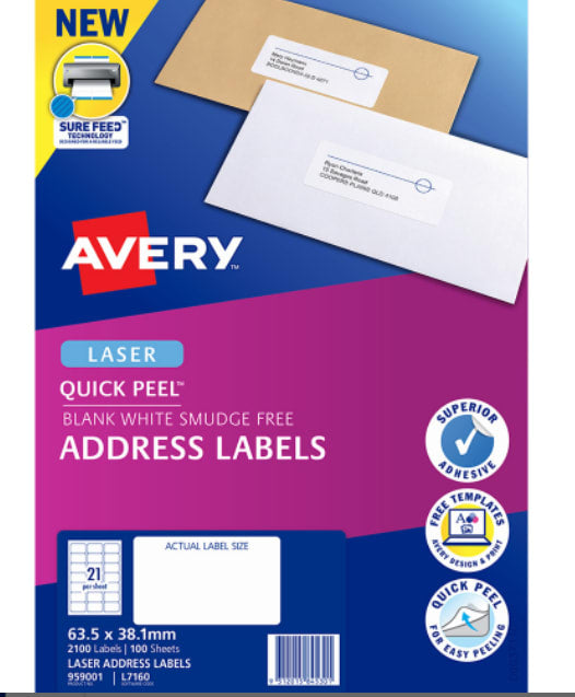Quick Peel Address Laser Labels L7160-100 63.5mm x 38.1mm 21 per sheet - Avery