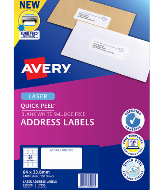 Quick Peel Address Laser Labels L7159-100 64mm x 33.8mm 24 per sheet - Avery