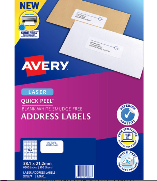 Quick Peel Address Laser Labels L7651-100 38.1mm x 21.2mm 65 per sheet - Avery