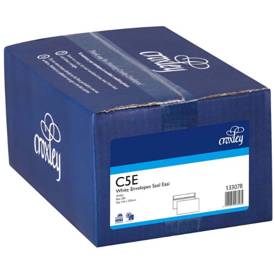 Croxley C5E White Envelopes, 235mm x 164mm, box of 250, designed for secure sealing and sustainable mailing solutions.