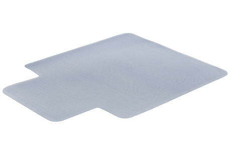 Clear vinyl chairmat measuring 1220 x 900mm, featuring a leather grain surface and cleated back for carpet stability.