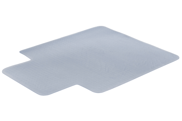 Clear vinyl chairmat measuring 1220 x 900mm, featuring a leather grain surface and cleated back for carpet stability.
