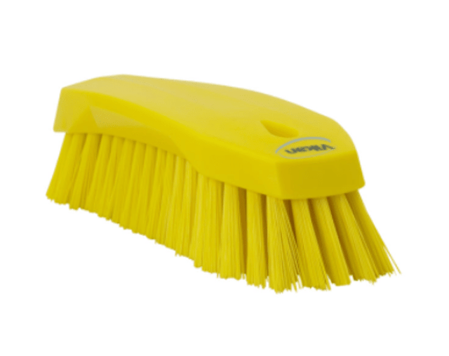 Vikan Hand Scrub Brush 200mm with stiff angled bristles for effective scrubbing in kitchens and hard-to-reach corners.