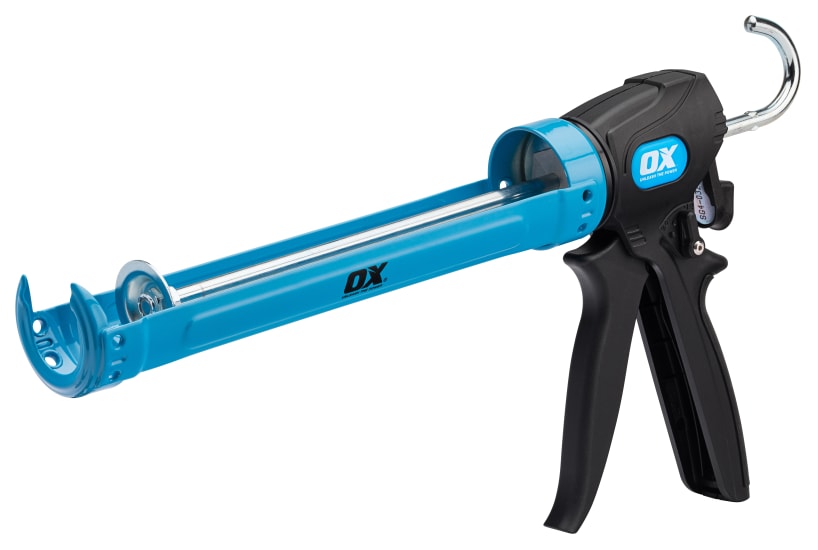 OX Pro Dual Thrust Sealant Gun showcasing a toggle switch, 360° rotating carriage, and durable ergonomic handle for easy sealant application.