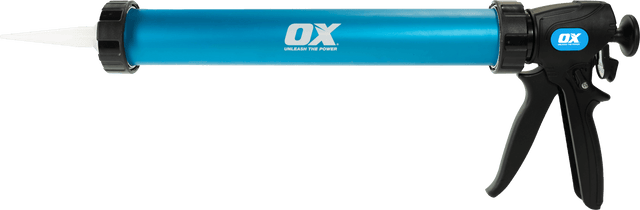 OX Pro Dual Thrust Sealant Gun-600ml features a rotating aluminum barrel and ergonomic handle for precision and comfort in sealant applications.