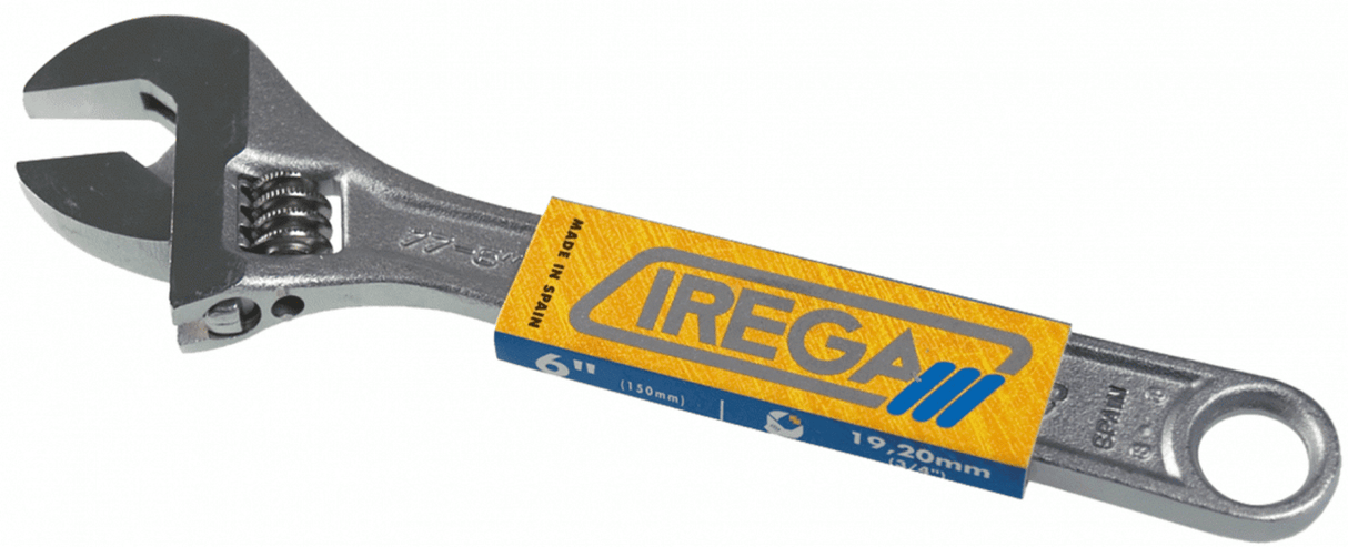 Irega Adjustable Wrench - 150mm with 19.2mm jaw opening, chrome finish for rust resistance, ideal for tight spaces and repairs.