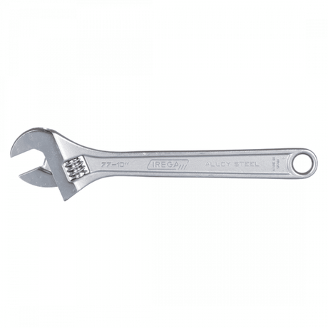 Irega 250mm adjustable wrench with ergonomic design, rust-resistant chrome finish, and 29mm jaw opening for versatile use.