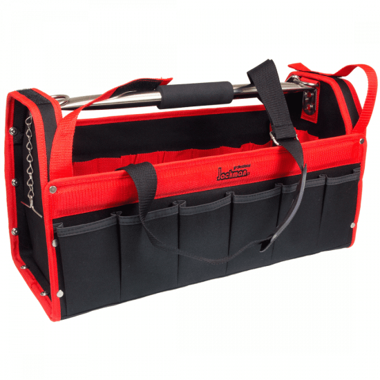 Heavy-duty Jackman Tool Tote with 24 interior and 21 exterior pockets, adjustable strap, and durable polyester construction.