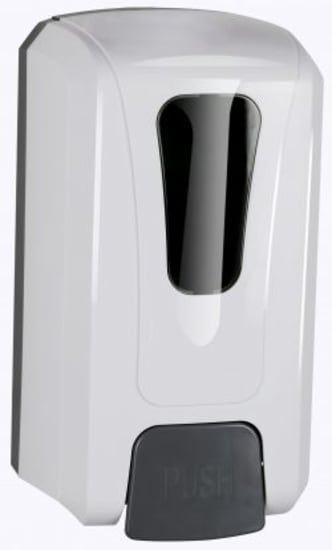 Wall-mounted MAC manual hand sanitiser and soap dispenser with touch button, 1L capacity, for liquid, gel, and foam products.