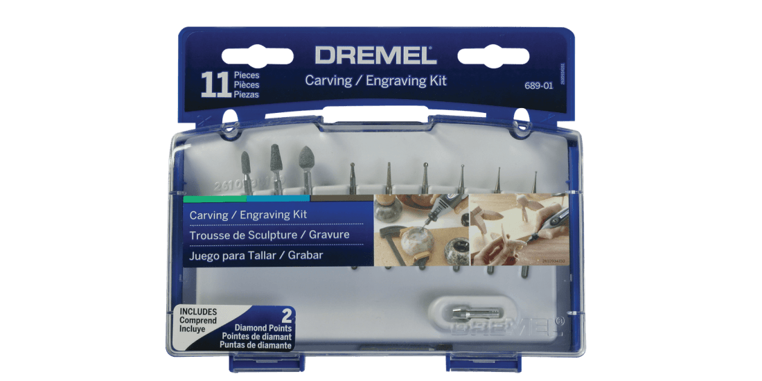 Dremel 11 Piece Accessory Set 689-01: versatile carving and engraving tools for various materials, includes organized storage case.