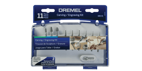 Dremel 11 Piece Accessory Set 689-01: versatile carving and engraving tools for various materials, includes organized storage case.