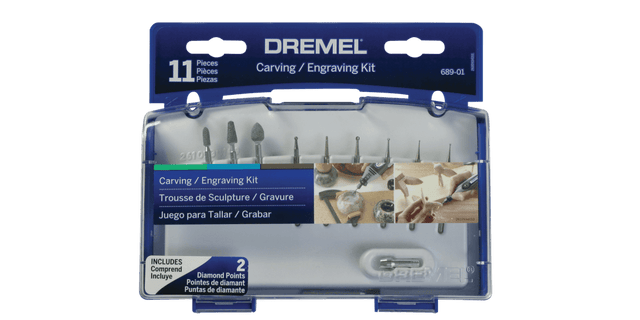 Dremel 11 Piece Accessory Set 689-01: versatile carving and engraving tools for various materials, includes organized storage case.