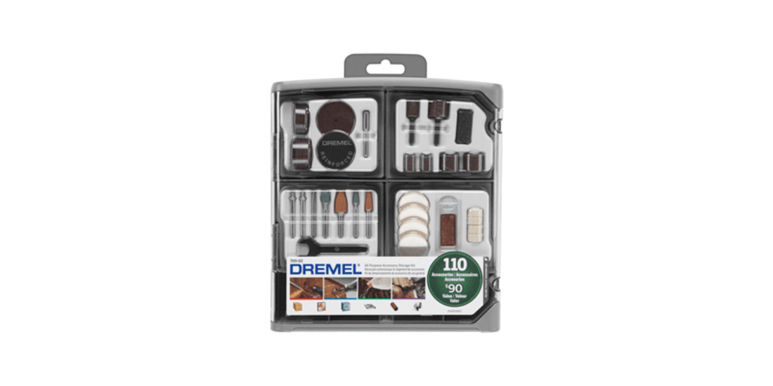 Dremel 110 Piece Accessory Set with diverse tools for cutting, grinding, carving, and more in a reusable storage case.