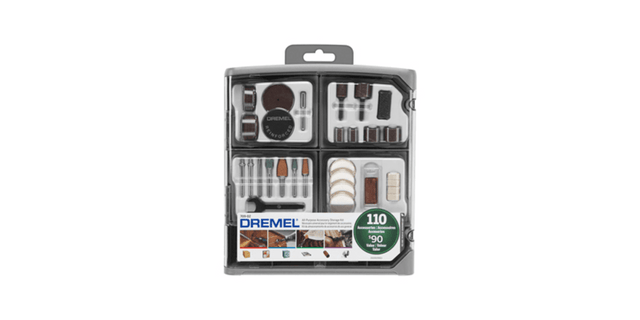 Dremel 110 Piece Accessory Set with diverse tools for cutting, grinding, carving, and more in a reusable storage case.