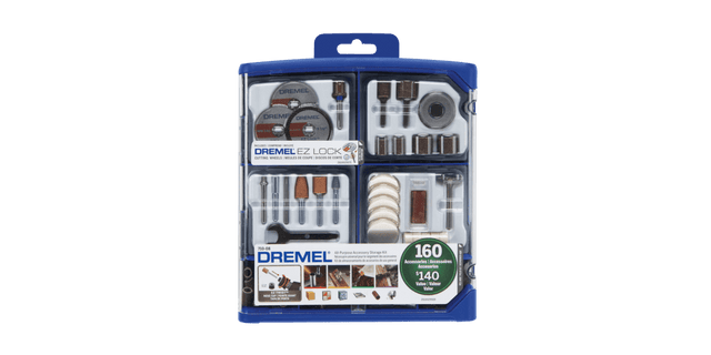 Dremel 160 Piece Accessory Set 710-RW2 featuring EZ Lock system for quick changes, ideal for diverse DIY and professional projects.