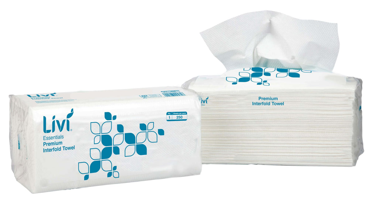 Livi Essentials 1 ply Interfold Paper Towel 250 Sheets (Case of 16 Packs)