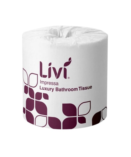 Livi Impressa 2-ply toilet paper, 48 rolls, 400 sheets each; soft, absorbent, embossed for comfort and hygiene.