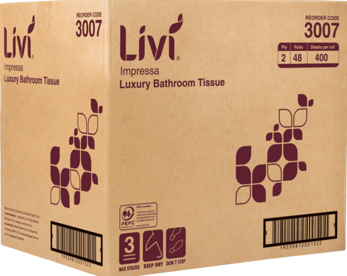 Livi Impressa 2-ply toilet paper, 48 rolls, 400 sheets each, featuring soft, absorbent texture and elegant embossed design.