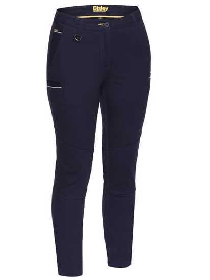 Navy women's stretch cotton pants, size 24, featuring a mid-rise fit, durable double-layer knees, and multi-functional pockets.