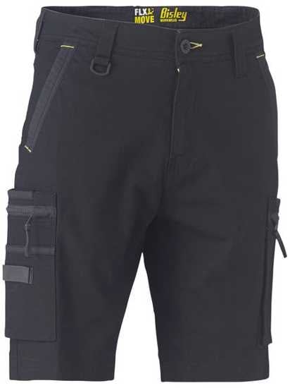 Black Bisley FLX & MOVE Stretch Utility Zip Shorts, size 132, featuring multiple pockets, durable fabric, and antibacterial treatment.